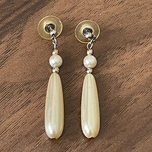 Vintage Slender Long Glass Pearl Pierced Drop Earrings